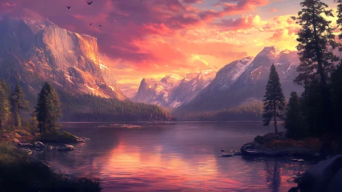 Crimson sunset serenades a tranquil mountain valley lake.