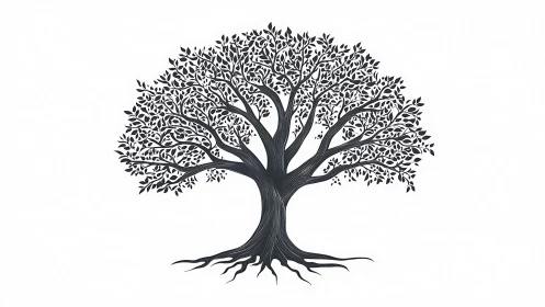 Intricate black tree silhouette spreads across white space.