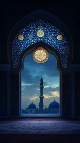 Twilight minaret framed by ornate blue mosque arch