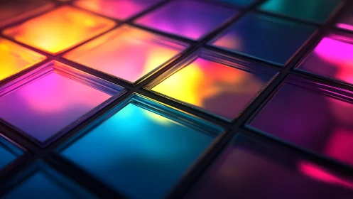 Vibrant glass tiles with glowing neon colors in abstract style.