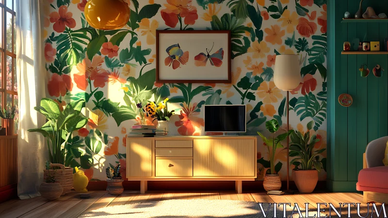 Sunlit floral living room with tropical wallpaper and plants