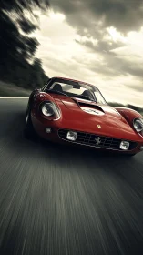 Crimson classic devours the road beneath storm-heavy skies