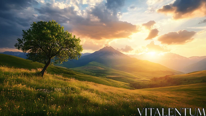 Backlit solitary tree anchors rolling valley under radiant sunset