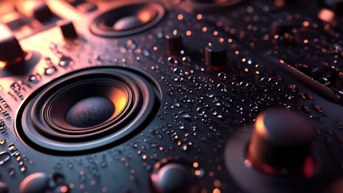Close-up of wet speaker cone and mixer knobs in warm light.