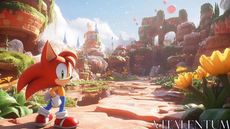 Cartoon hedgehog explores lush canyon fantasy landscape.