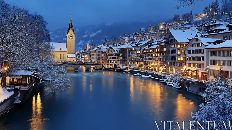 Winter riverfront town glows under deep blue twilight sky