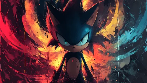 Energetic hedgehog silhouette framed by dual-color abstract vortex