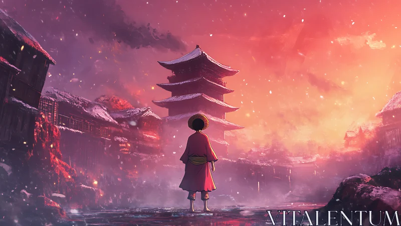 Wanderer in crimson snowfall before a dreaming pagoda.