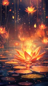 Emberlily lagoon where floating fire petals quietly bloom.