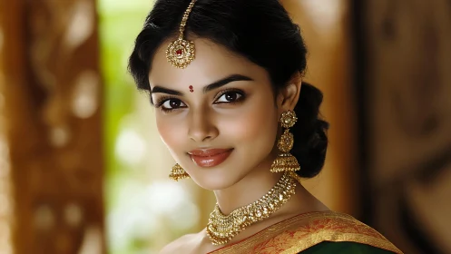 Golden gaze of a jeweled bride in soft temple sunlight.
