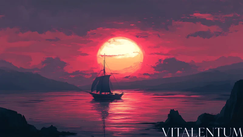 Crimson sunset voyage with lone sailboat on glowing sea.