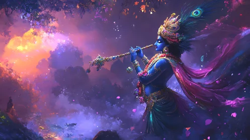 Divine blue figure playing flute in luminous twilight forest.