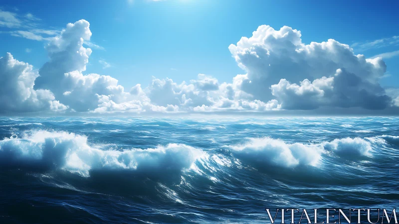 Dynamic ocean wave field under cumulonimbus cloud deck rendered sharply