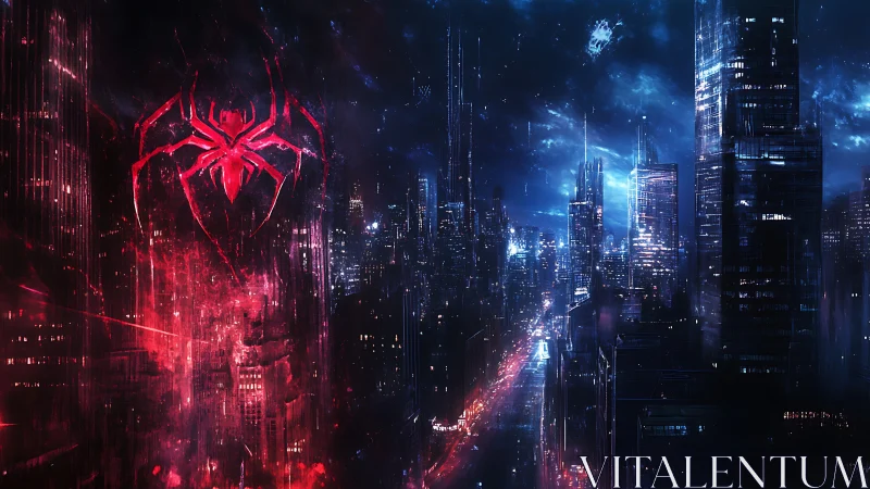 Spider emblem glowing over neon blue futuristic cityscape.