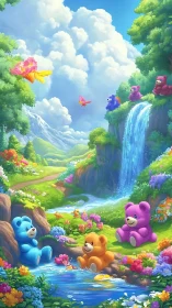 Idyllic Fantasy Landscape with Anthropomorphic Bears and Cascading Waterfall.