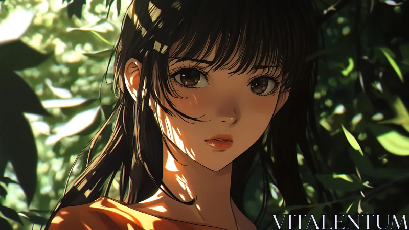 Soft sunlight on a quiet anime girl in forest shade.