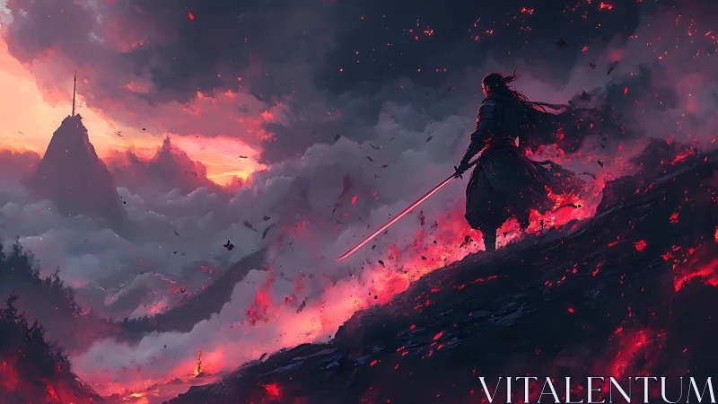 Lone warrior over burning ridge under stormy sky.