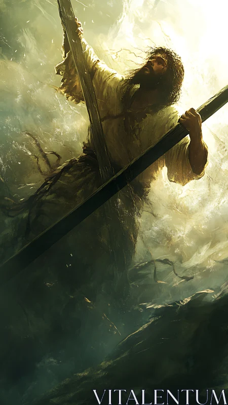 Storm-lit robed figure gripping wooden beams amid swirling light