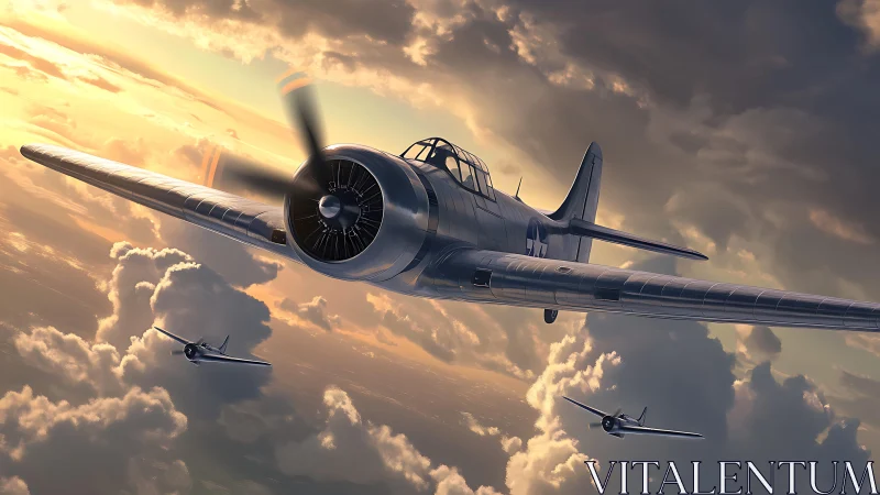 Sunlit warbird soars confidently through glowing storm clouds