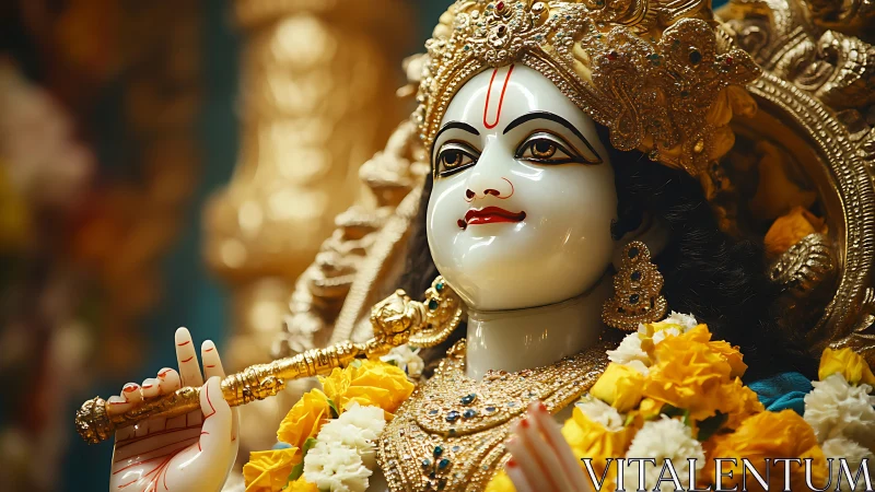 Ornate Hindu deity statue with floral garlands and gold.