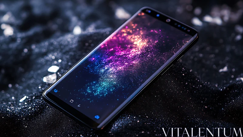 Modern smartphone on glittering dark surface with galaxy display.