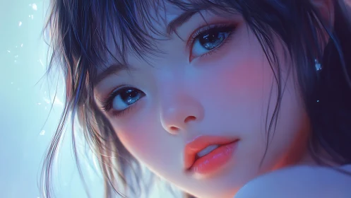 Luminous girl’s gaze in ethereal blue twilight glow portrait.