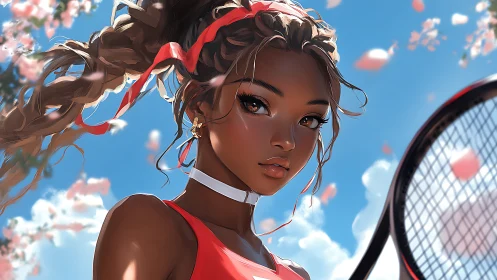 Digital portrait depicts tennis player against blue sky