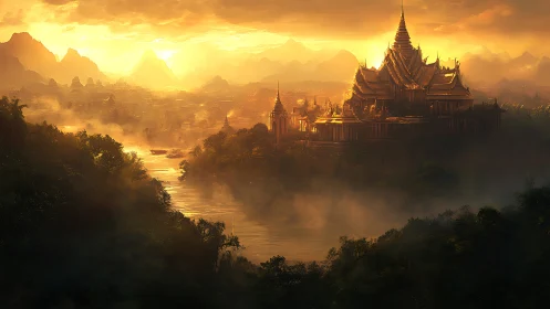 Sunlit river kingdom cradling a golden mistborn palace.