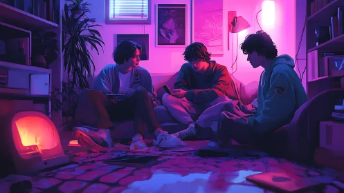 Neon room hush holds three late-night gamers in soft suspense