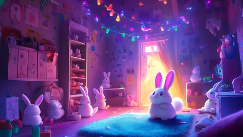 Plush rabbits study glowing doorway in cluttered kids room