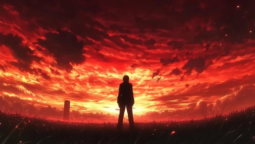 Lone figure confronts a blazing red sunset sky in silence