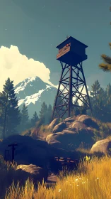 Mountain watchtower rising above sunlit forest ridge.