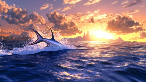 Sunrise swordfish carves liquid fire across painted waves