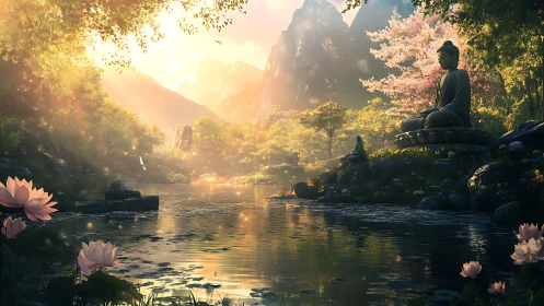 Sunlit Buddha sanctuary above a lotus jeweled river valley.