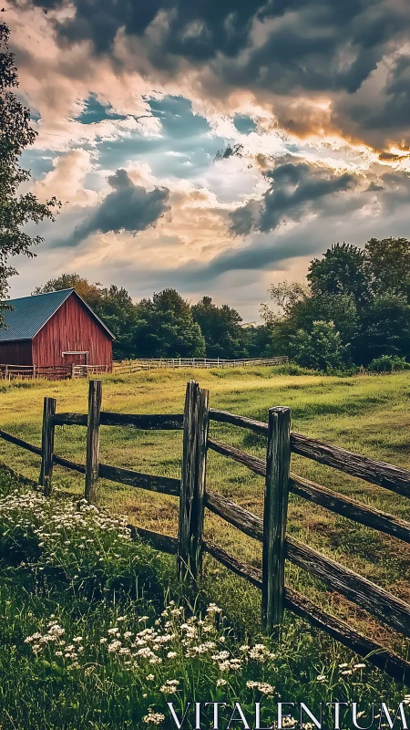 Rural farm field with weathered fence under dramatic sky.