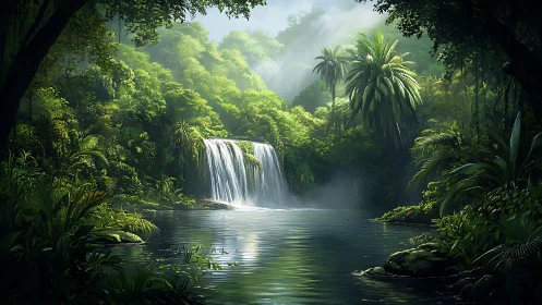 Tropical Waterfall Cascade Through Lush Rainforest Canopy.