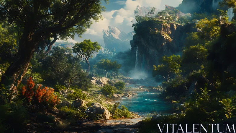 Mystical Jungle Gorge with Waterfall and Mountains.