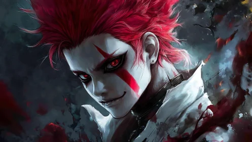 Red haired character portrait with facial markings in foggy scene.