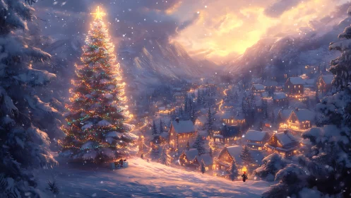 Snow covered village glows beneath a towering lit tree