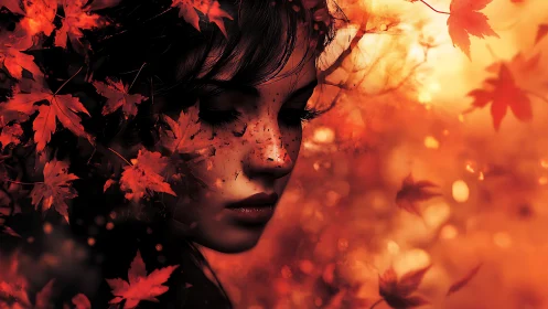 Autumn portrait in fiery bokeh with poetic cinematic lighting.