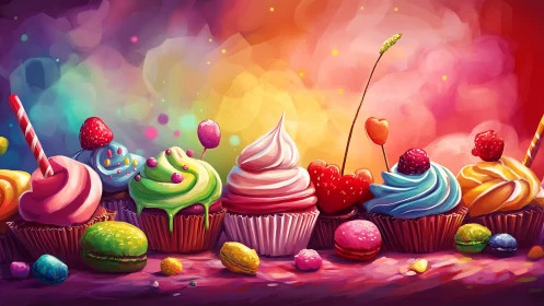 Multicolored Cupcakes with Toppings on Gradient Background.