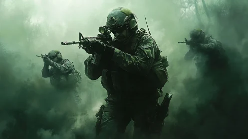 Fog-shrouded tactical team advancing through green haze.