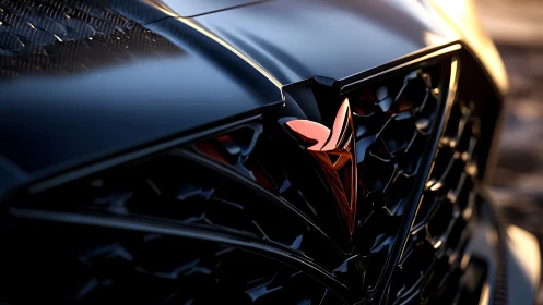Sports car grille emblem reflects warm sunset light.