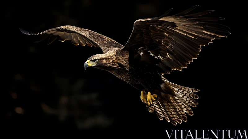 Majestic eagle in flight against dramatic black background, realistic style.