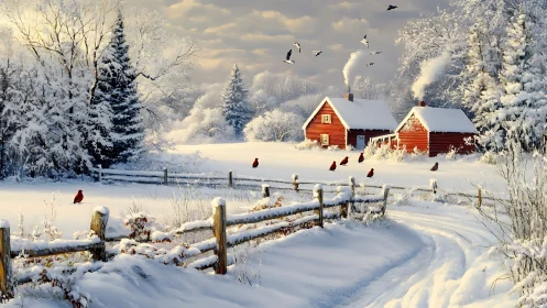Winter birds gather near cozy red cabins in soft evening snow