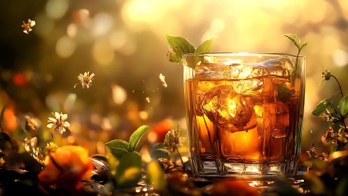 Iced Amber Beverage with Fresh Mint Garnish in Golden Sunlight.