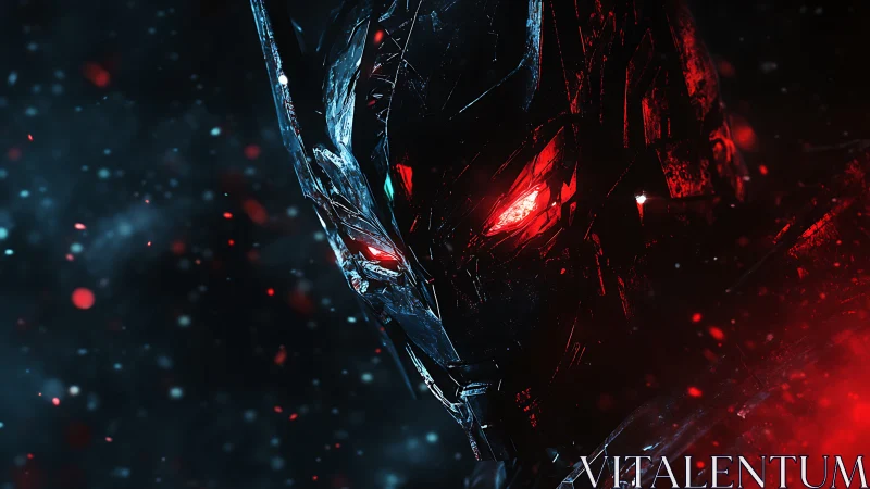 Cybernetic dark knight portrait in red and teal refracted light.