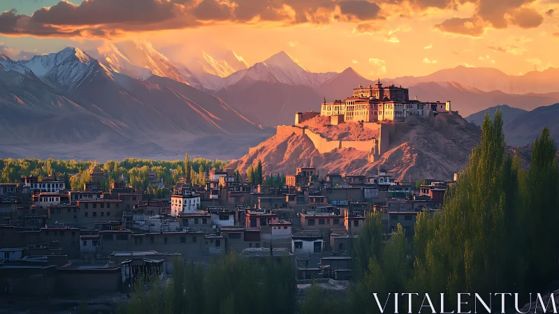 Hilltop monastery above town at warm mountain sunset.