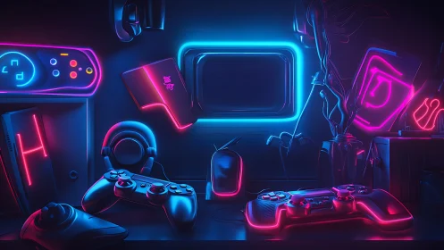 Neon gamer altar humming in electric cyan and magenta glow.