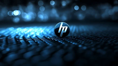 Sleek metallic tech logo on luminous bokeh grid surface.